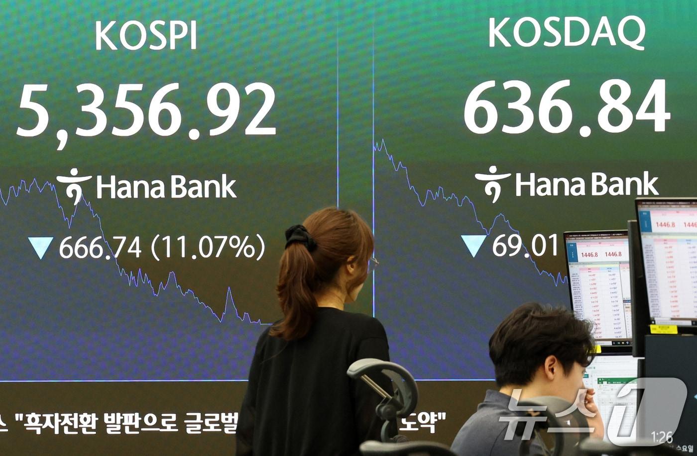 본문 이미지 - 코스피, 코스닥 시장에서 이틀연속 장중 서킷브레이커가 발동한 29일 서울 중구 하나은행 딜링룸 전광판에 코스피, 코스닥 지수가 표시되어 있다. 2026.7.29 ⓒ 뉴스1 최지환 기자