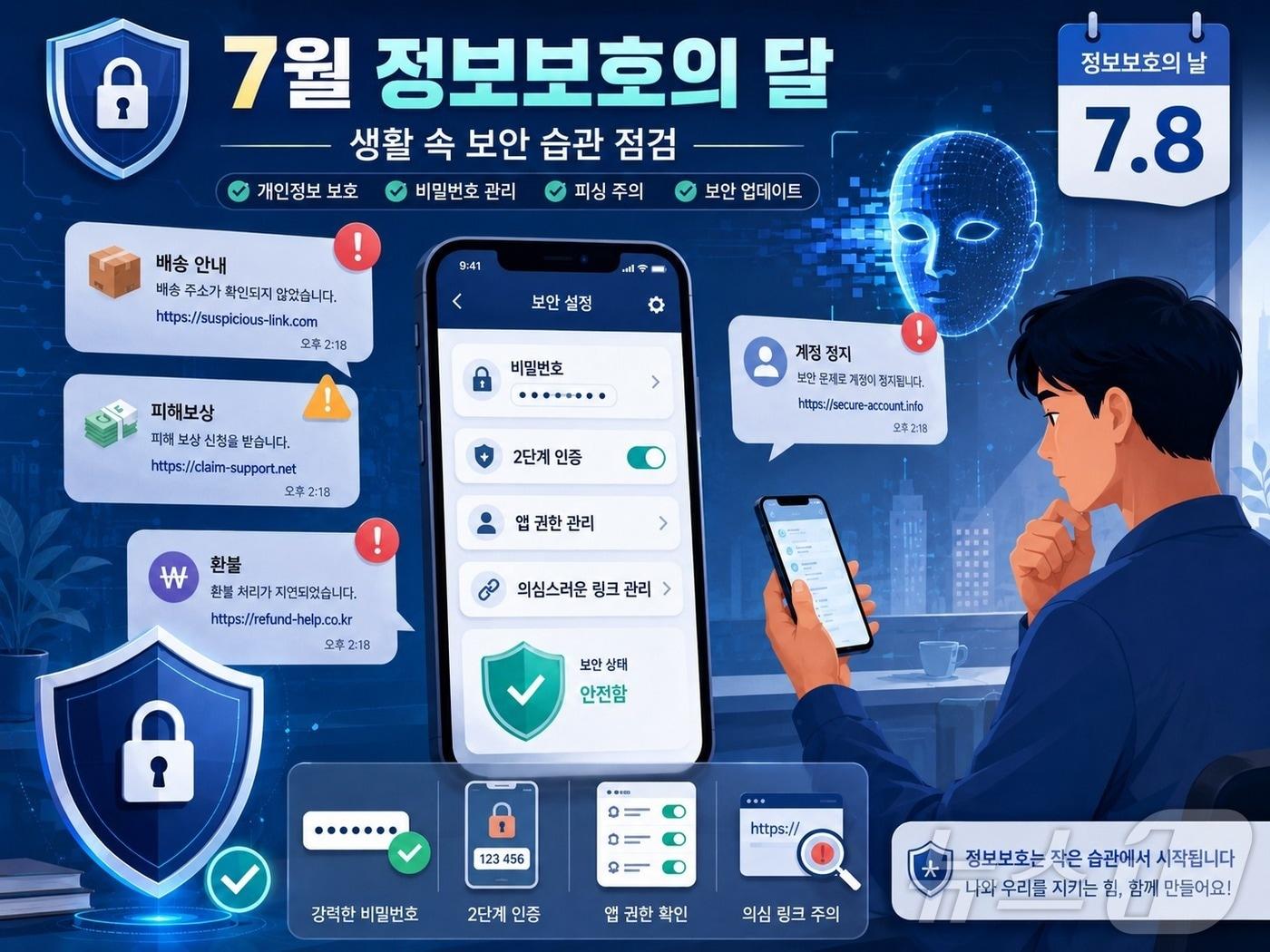 본문 이미지 - 7월 정보보호의 달을 맞아 피싱·스미싱과 AI 사칭 위협에 대비한 생활 속 보안 수칙을 표현한 삽화.(생성형 AI로 제작한 이미지) ⓒ 뉴스1 김민수 기자