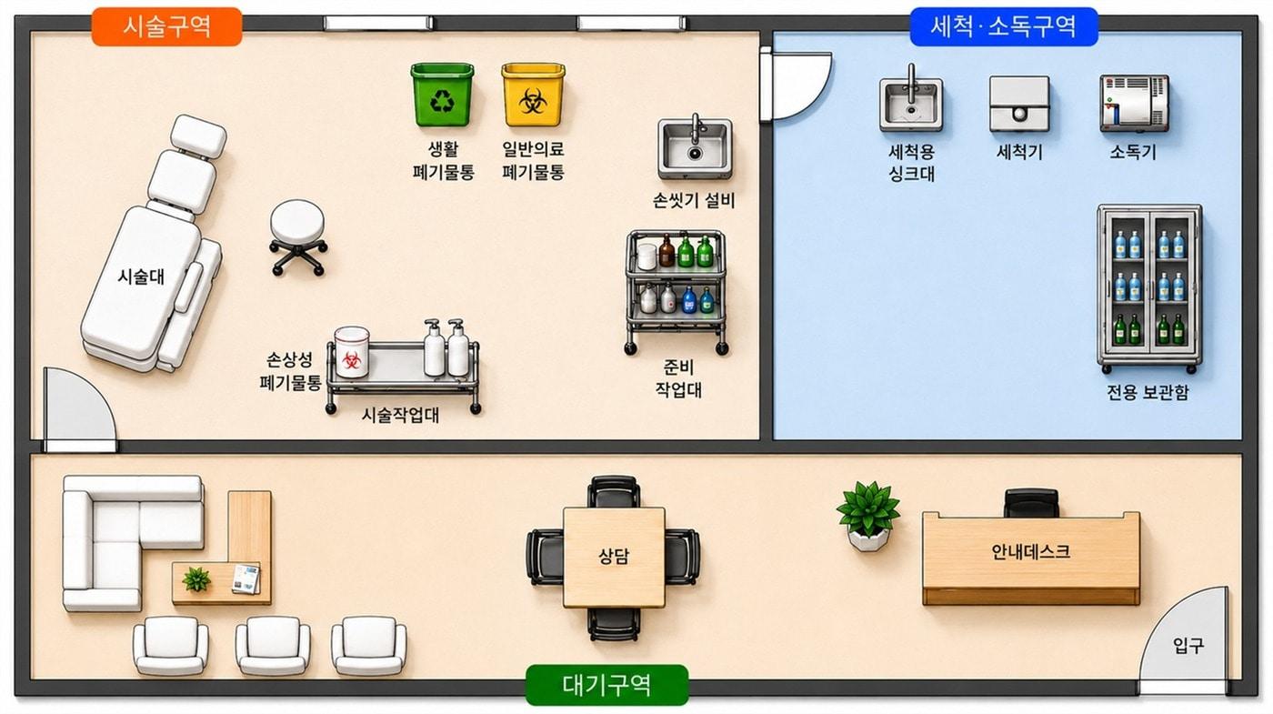 본문 이미지 - 보건복지부와 한국건강증진개발원이 배포한 '문신시술 표준지침'에 포함된 벽체형 문신업소 구획 예시.(보건복지부 제공)
