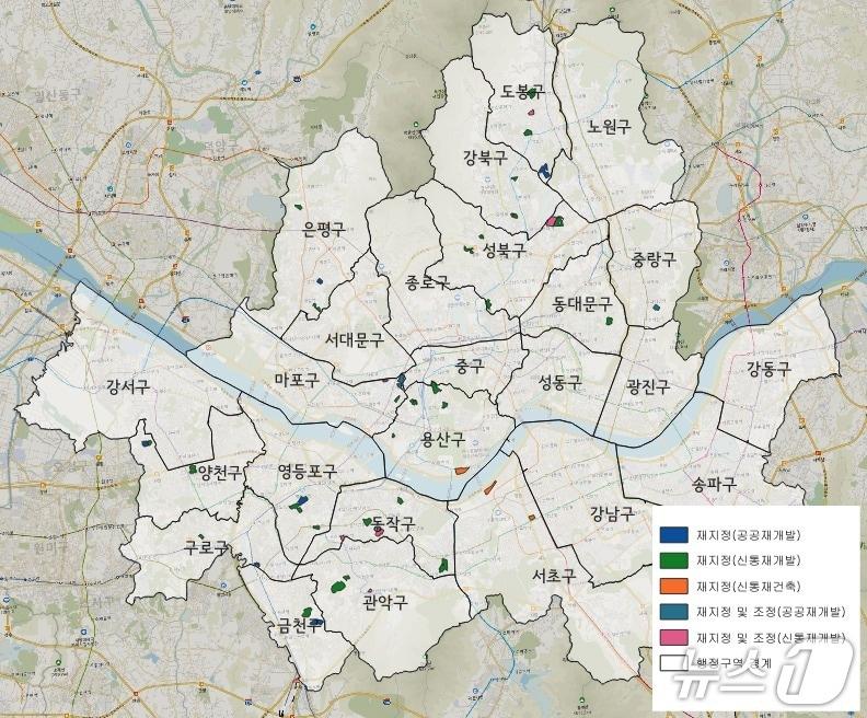 본문 이미지 - 서울 시 내 공공재개발·신속통합기획 대상지로 선정된 지역 중 토지거래허가구역으로 재지정된 지역(서울시 제공)