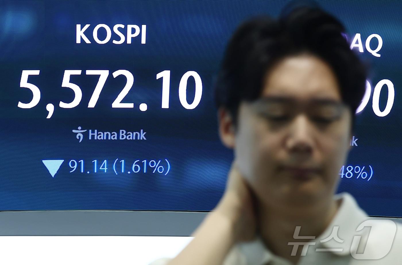 본문 이미지 - 코스피가 5600선에서 소폭 상승 출발했다가 곧바로 하락 전환한 30일 오전 서울 중구 하나은행 본점 딜링룸에 개장 시황이 나오고 있다. 이날 코스피는 전 거래일 대비 18.53포인트(0.33%) 오른 5681.77에, 코스닥은 7.96포인트(1.20%) 내린 654.72에 개장했다. 2026.7.30 ⓒ 뉴스1 김민지 기자