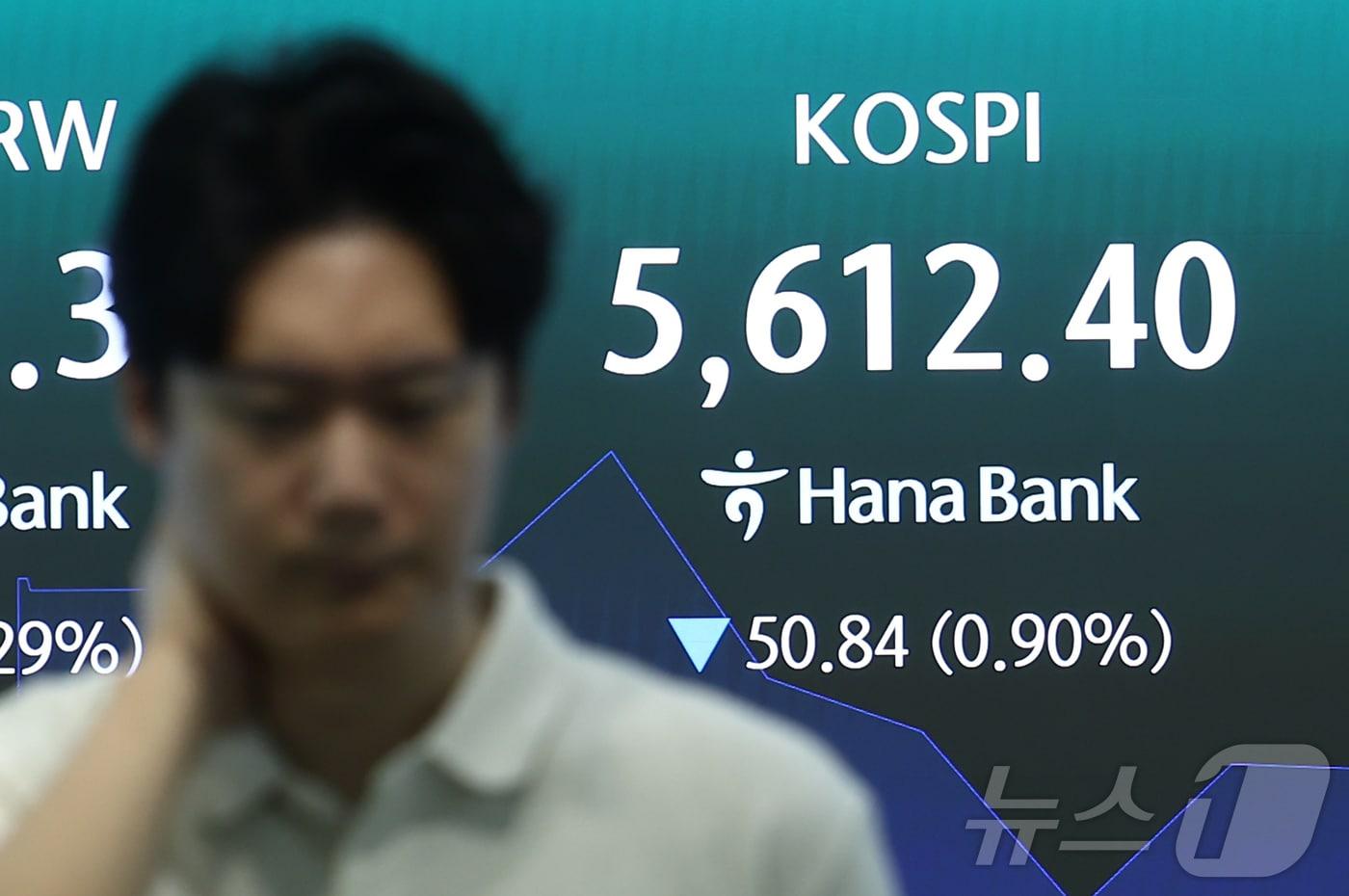 본문 이미지 - 코스피가 5600선에서 소폭 상승 출발했다가 곧바로 하락 전환한 30일 오전 서울 중구 하나은행 본점 딜링룸에 개장 시황이 나오고 있다. 이날 코스피는 전 거래일 대비 18.53포인트(0.33%) 오른 5681.77에, 코스닥은 7.96포인트(1.20%) 내린 654.72에 개장했다. 2026.7.30 ⓒ 뉴스1 김민지 기자