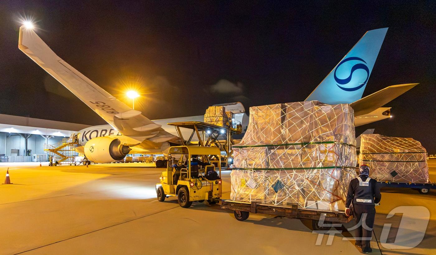 본문 이미지 - 지난 30일 인천국제공항 대한항공 화물터미널에서 관계자들이 삼성전자와 SK하이닉스의 반도체를 홍콩으로 향하는 항공기에 탑재하고 있다. (공동취재) ⓒ 뉴스1 김성진 기자