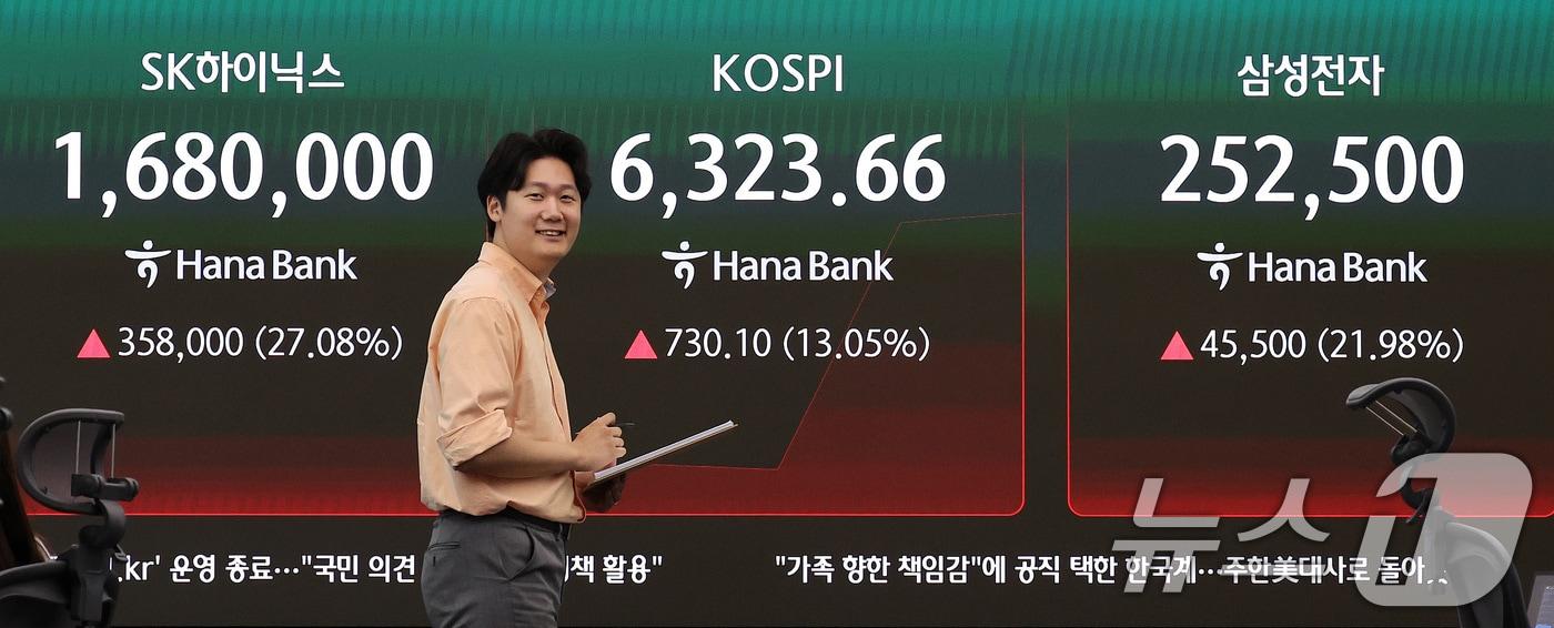 본문 이미지 - 코스피가 장초반 6000선을 돌파한 31일 서울 중구 하나은행 딜링룸 전광판에 코스피 지수가 나타나고 있다. 2026.7.31 ⓒ 뉴스1 박지혜 기자