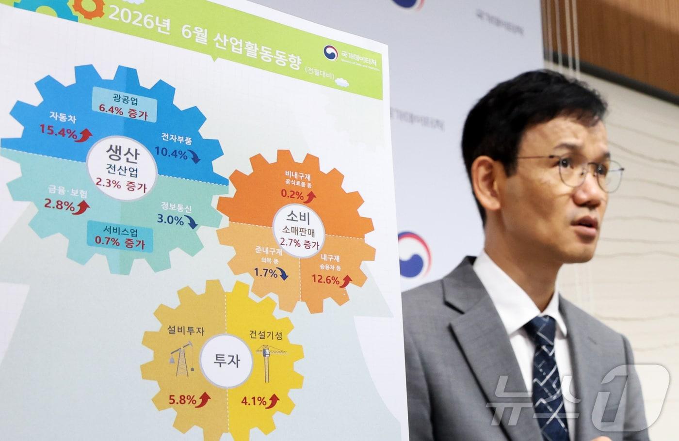 본문 이미지 - 이두원 국가데이터처 경제동향통계심의관이 31일 세종시 정부세종청사에서 2026년 6월 산업활동동향을 발표하고 있다. 2026.7.31 ⓒ 뉴스1 김기남 기자