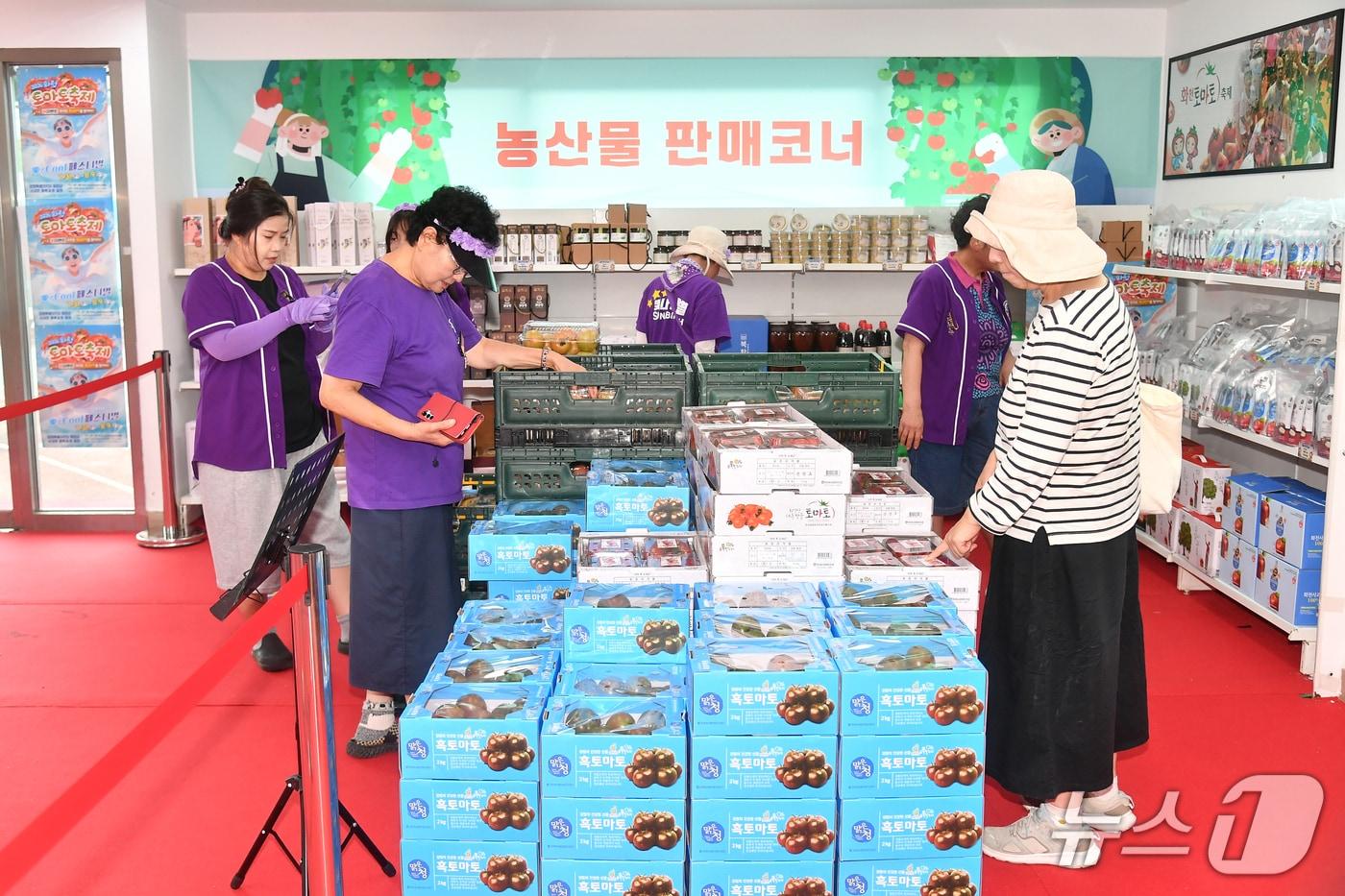 본문 이미지 - 강원  화천군 사내면 사내체육공원에서 개막한 2026 화천토마토축제에서 관광객들이 화천 농특산물 판매장에서 토마토를 고르고 있다.(화천군 제공, 재판매 및 DB금지) 