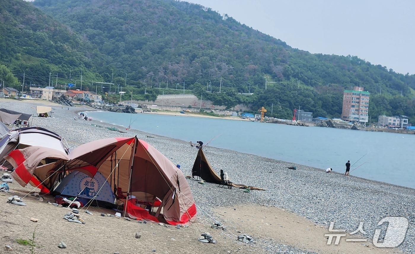 본문 이미지 - 7월 첫 주말을 맞아 4일 오전 11시께 찾은 울산 북구 신명해변에는 흐린 날씨로 물놀이객들보다 낚시꾼들로 붐볐다. 2026.7.4 ⓒ 뉴스1 김재식 기자