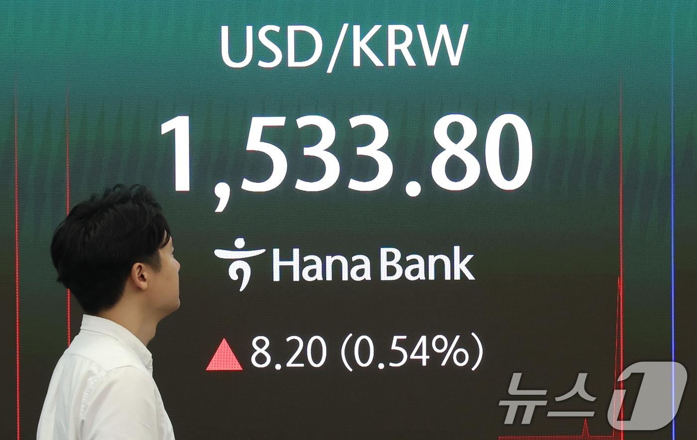 본문 이미지 - 외환시장 24시간 개장 첫날인 6일 오전 서울 중구 하나은행 본점 딜링룸 전광판에 원·달러 환율이 표시되고 있다. 2026.7.6 ⓒ 뉴스1 오대일 기자