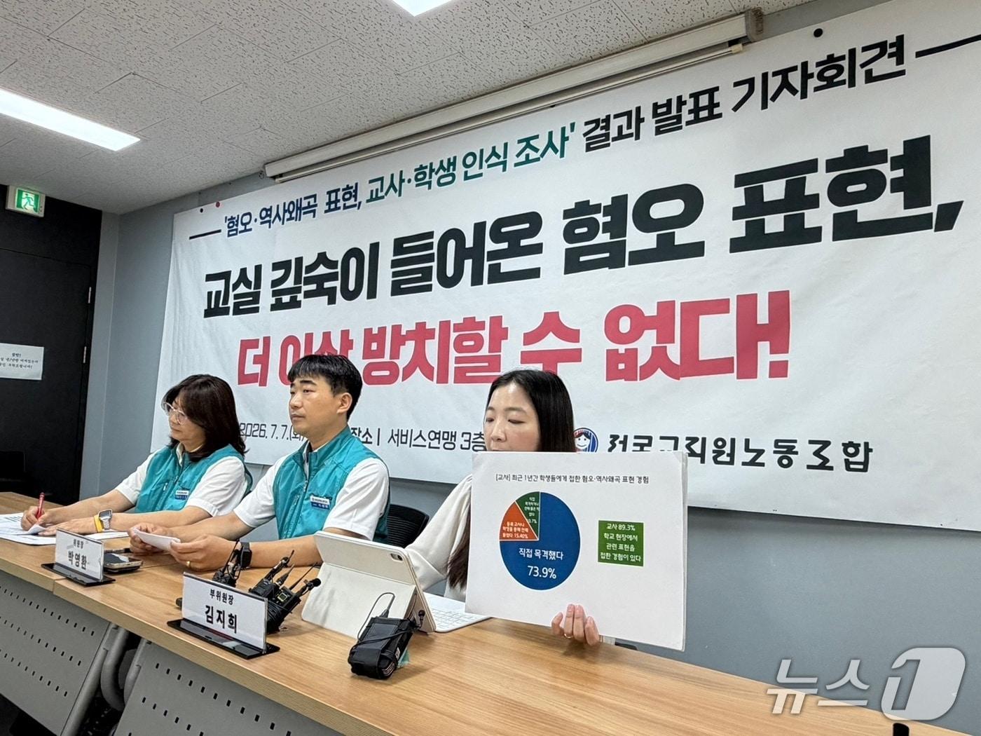 본문 이미지 - 전교조가 7일 서울 서대문구 광산빌딩에서 배재고 사태 이후 진행한 '혐오·역사왜곡 표현 교사·청소년 인식조사' 설문조사를 발표하고 있다.뉴스1 ⓒ News1 조수빈 기자