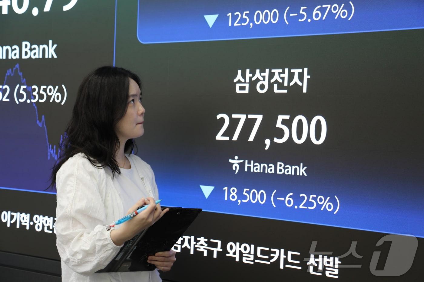 본문 이미지 - 미-이란 갈등이 격화되며 국내 증시 투자 심리가 위축돼 코스피와 코스닥 시장에서 연달아 동반 매도 사이드카가 발동한 8일 오후 서울 중구 하나은행 딜링룸 전광판에 삼성전자 종가가 나오고 있다.  2026.7.8 ⓒ 뉴스1 한수민 수습기자