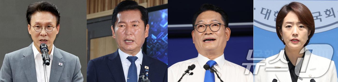 본문 이미지 - 더불어민주당 당권 주자인 김민석 전 국무총리(왼쪽부터), 정청래 전 대표, 송영길 전 대표, 고민정 의원. 2026.7.8 ⓒ 뉴스1 황기선 기자