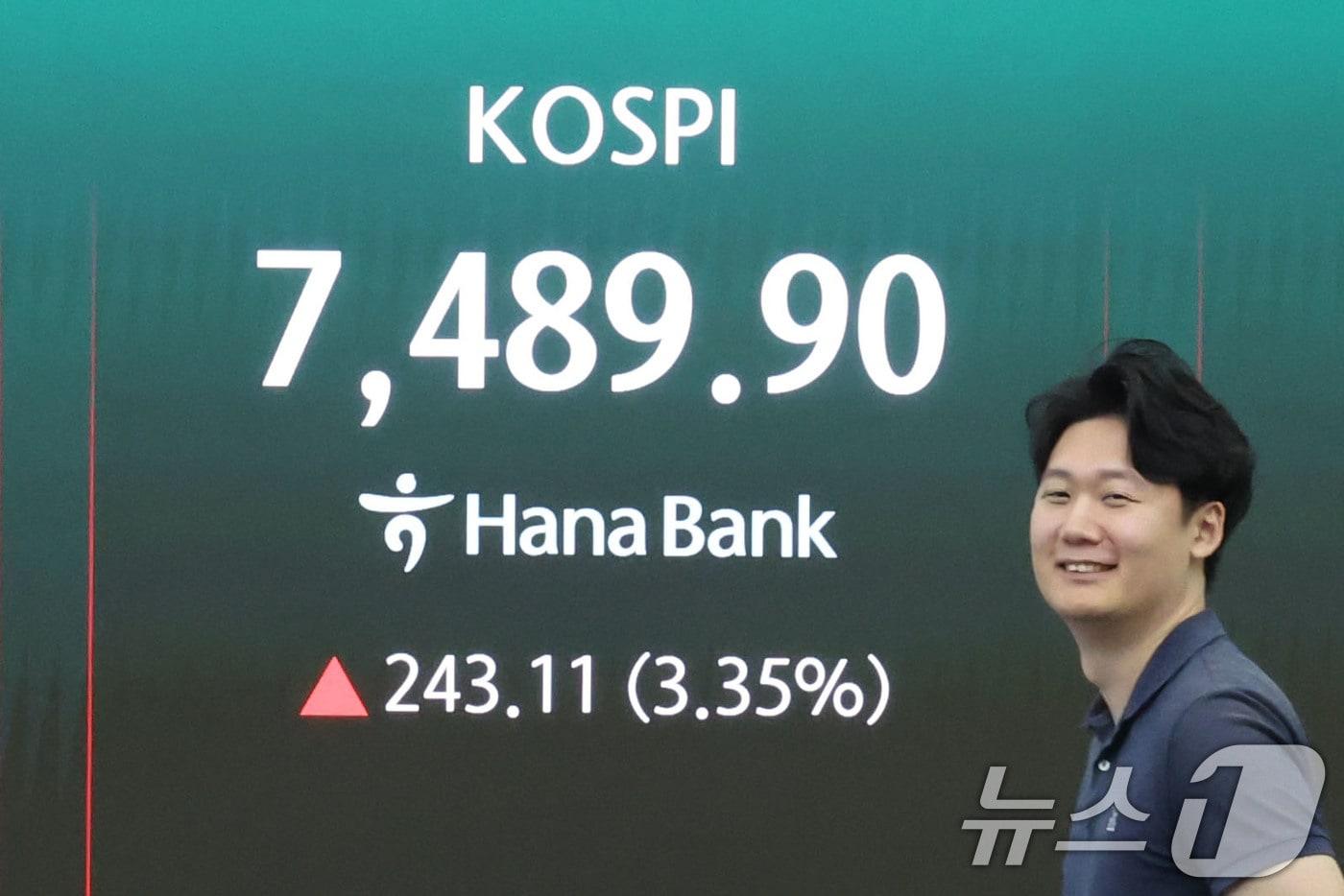 본문 이미지 - 9일 오전 서울 중구 하나은행 딜링룸 전광판에 코스피 지수가 표시되고 있다. 이날 코스피 지수는 전 거래일 대비 3.31% 오른 7486.64로 상승 출발했다. 2026.7.9 ⓒ 뉴스1 이종수 기자