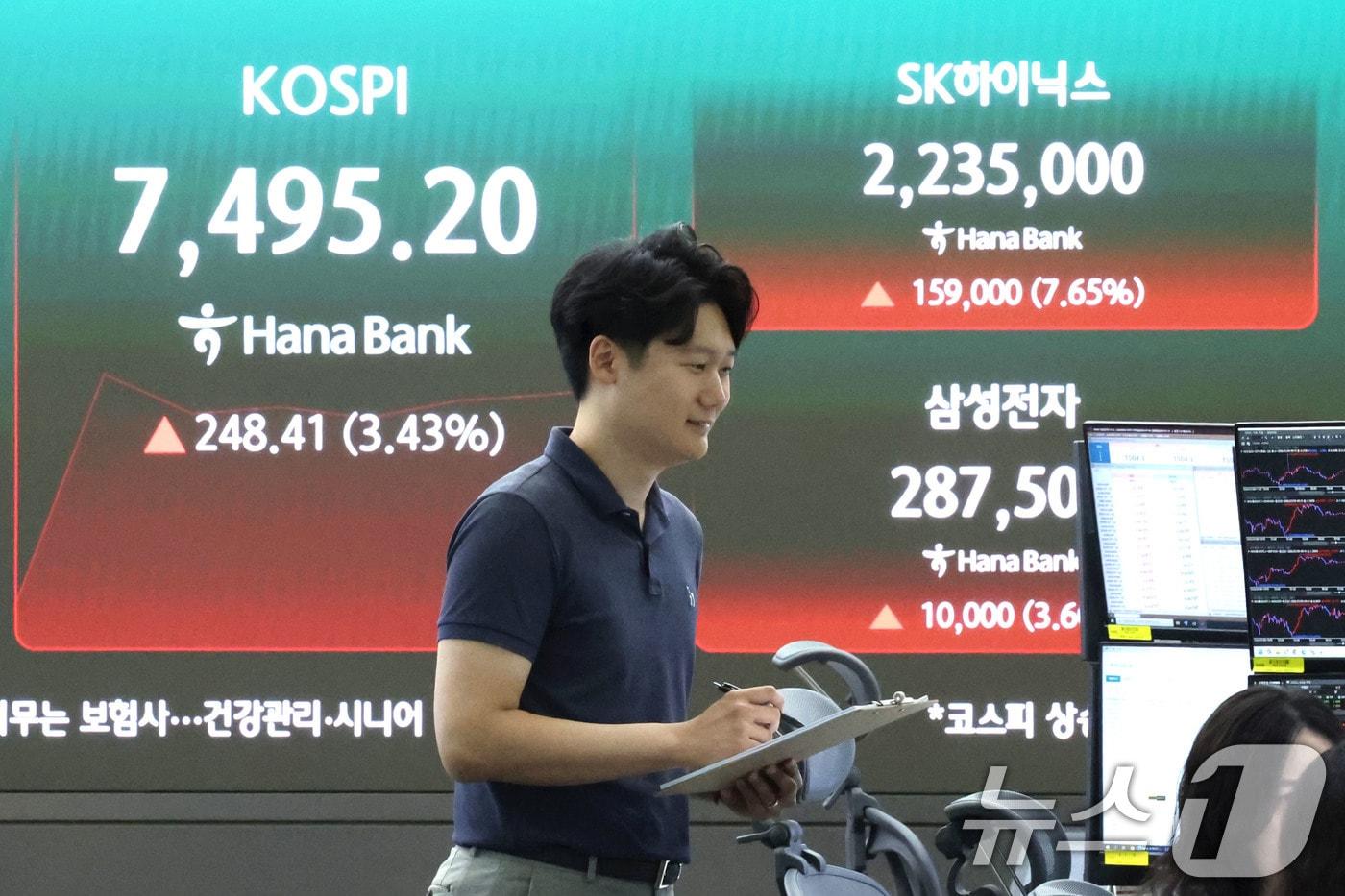 본문 이미지 - 9일 오전 서울 중구 하나은행 본점 딜링룸 전광판에 SK하이닉스, 삼성전자 지수가 표시되고 있다. 하이닉스와 삼성전자의 상승에 힘입어 이날 코스피 지수는 전 거래일 대비 3.31% 오른 7486.64로 상승 출발했다. 2026.7.9 ⓒ 뉴스1 이종수 기자