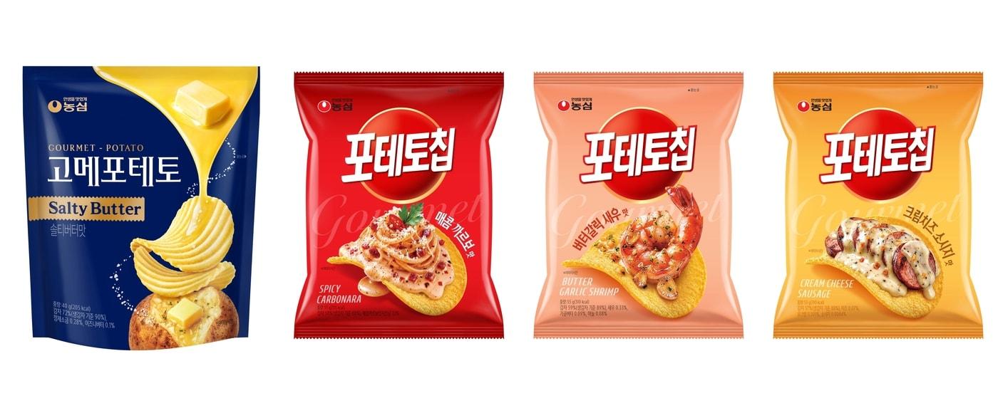 본문 이미지 - 포테토칩 신제품 4종 모음 이미지(고메포테토 솔티버터맛, 매콤까르보맛, 버터갈릭새우맛, 크림치즈소시지맛).(농심 제공)
