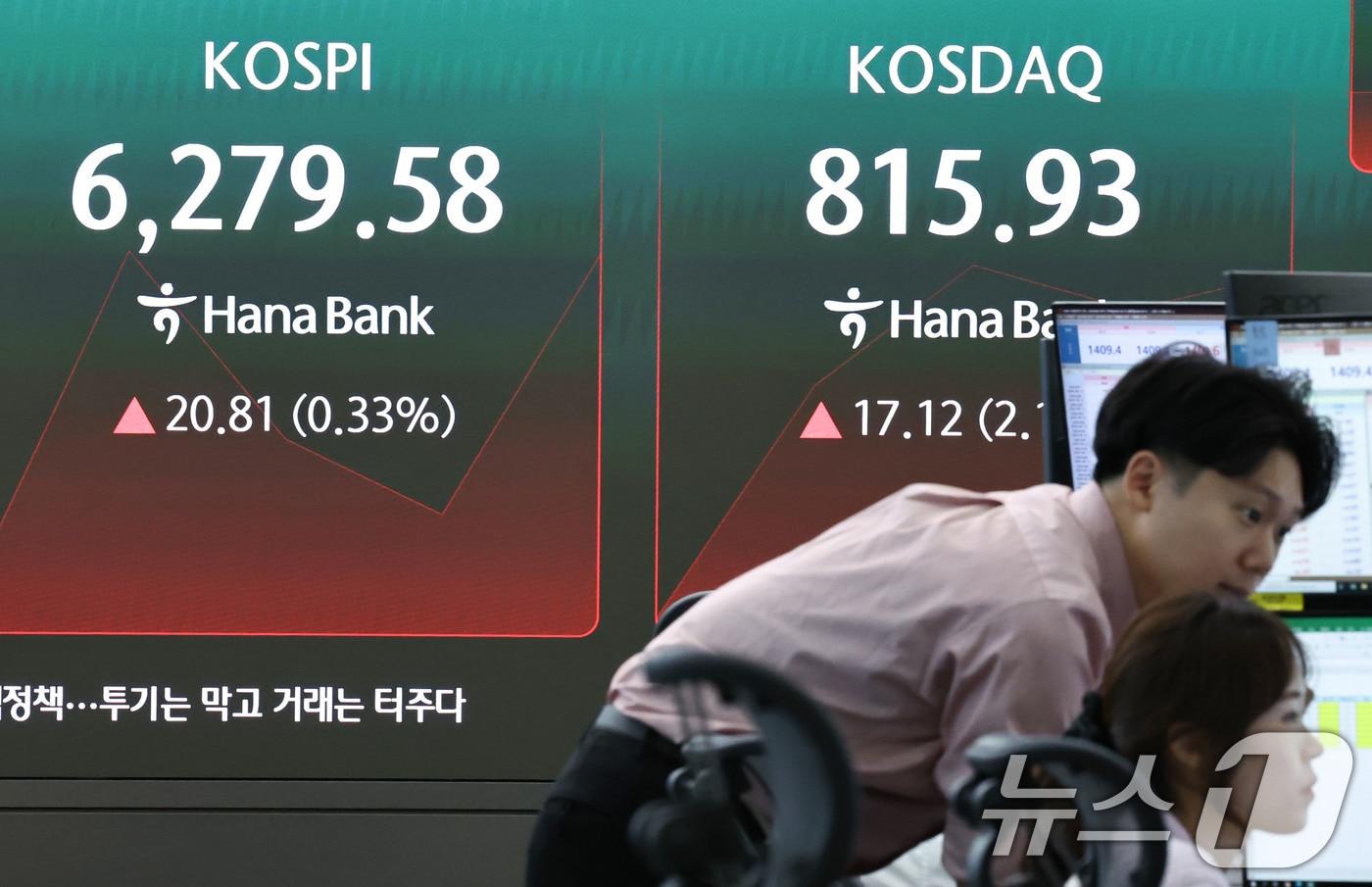 본문 이미지 - 10일 오전 서울 중구 하나은행 딜링룸 전광판에 코스피 지수 등 시황이 표시되고 있다. 이날 코스피는 전 거래일 대비 47.56p(0.76%) 오른 6306.33으로 상승 출발했다. 2026.8.10 ⓒ 뉴스1 이종수 기자
