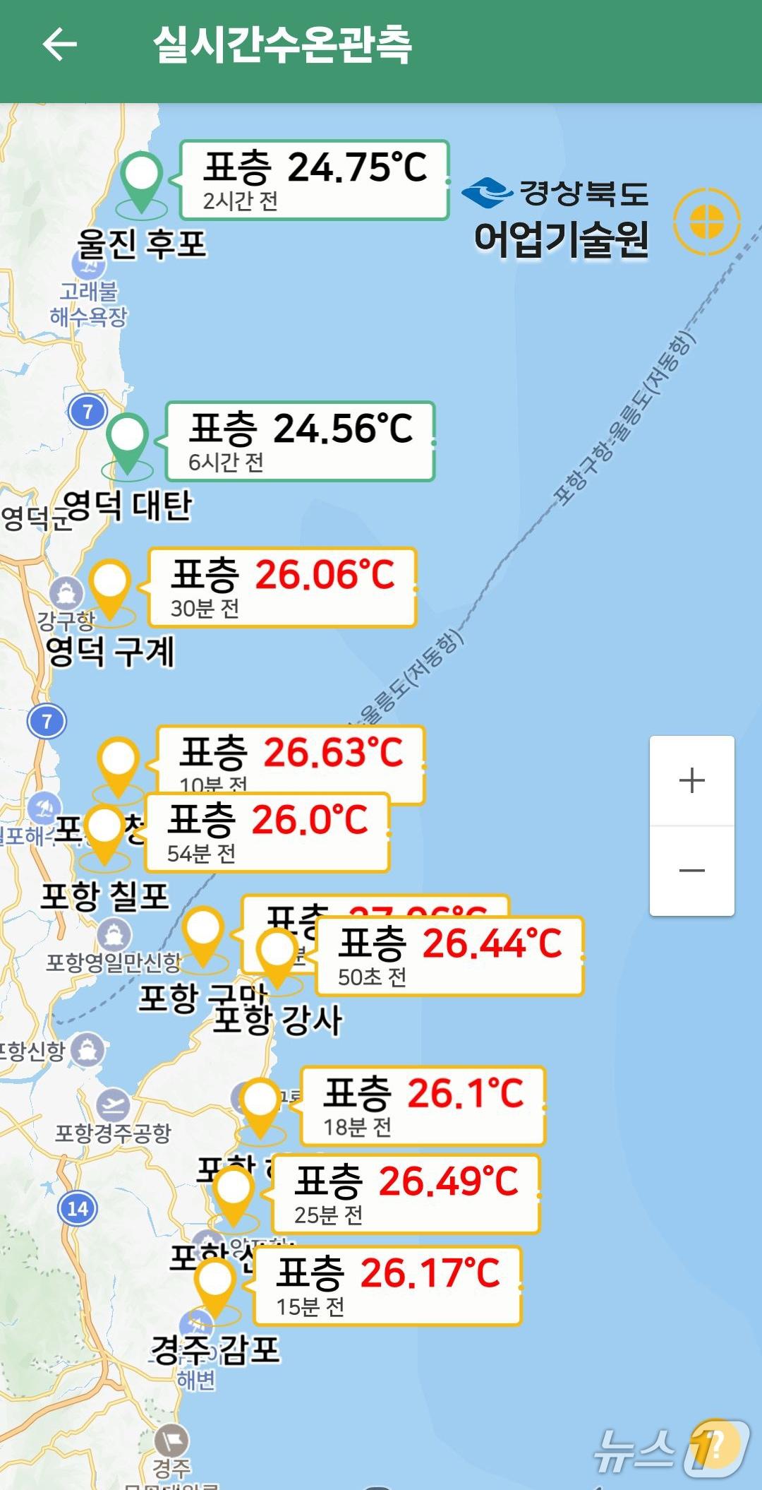 본문 이미지 - 12일 오전  8시 45경북 포항시 앞 바다 실시간 고수온 정보.(경북도어업기술원 홈페이지 갈무리) 2026.8.12/뉴스1 