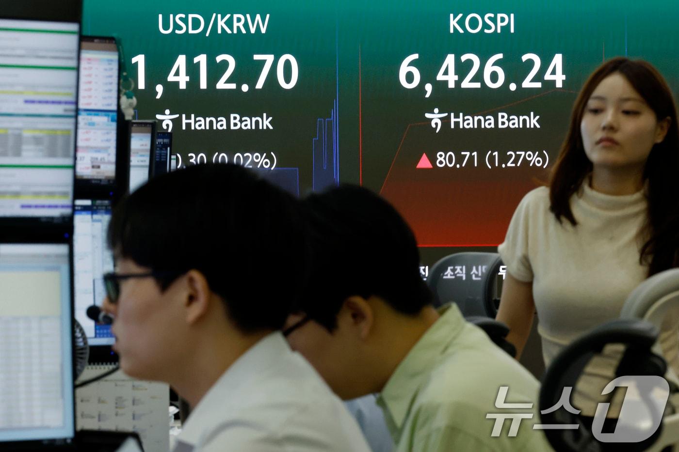 본문 이미지 - 12일 오전 서울 중구 하나은행 본점 딜링룸 전광판에 코스피 등 시황이 표시되고 있다. 이날 코스피는 전 거래일 대비 90.02p(1.42%) 오른 6435.55, 코스닥은 10.34p(1.21%) 하락한 847.50, 달러·원환율은 전 거래일 오후 3시 30분 주간종가 대비 3.30원 내린 1412.60원을 기록했다. ⓒ 뉴스1 박정호 기자