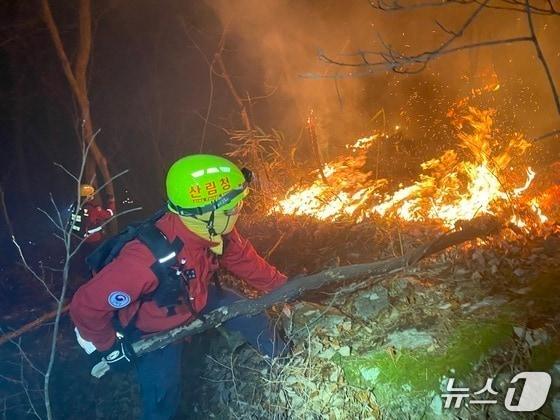 본문 이미지 - 산림청 공중진화대 및 산불재난특수진화대가 산청군 시천면 동당리에서 민가 및 지리산을 지키기 위해 사투를 벌이고 있다. (산림청 제공.재판매 및 DB금지)/뉴스1