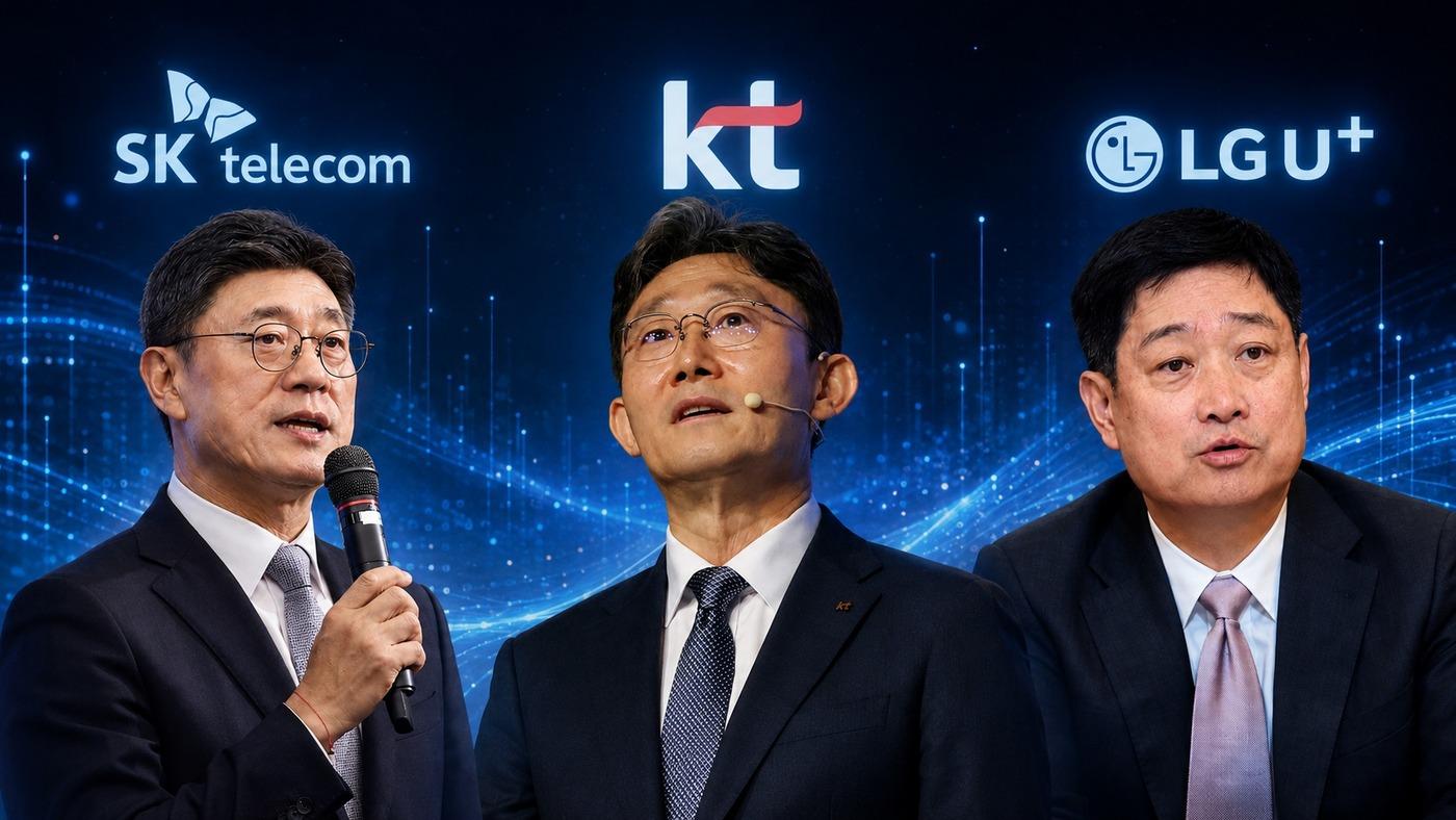 본문 이미지 - 왼쪽부터 정재헌 SKT 대표, 박윤영 KT 대표, 홍범식 LG유플러스 대표. 각 대표 사진을 챗GPT로 생성한 이미지