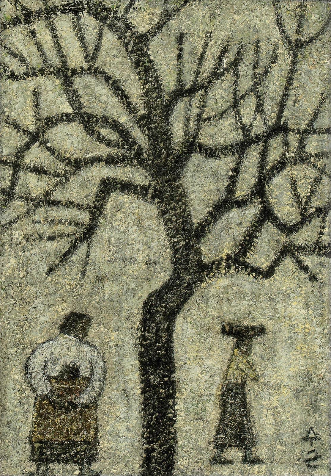 본문 이미지 - 박수근 Park SooKeun, 1914 - 1965, 나무와 여인, oil on masonite, 26.5&times;18.5cm | 1950s (추정가 4~8억 원) (케이옥션 제공)