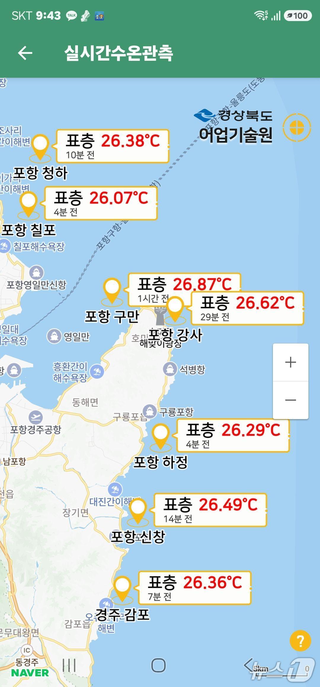 본문 이미지 -  경북 포항시 표층 수온 정보. (경북어업기술원 홈페이지 갈무리, 재판매 및 DB금지) 2026.8.14/뉴스1