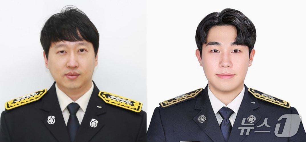 본문 이미지 - 경남지역 가뭄 대응을 위해 급수 지원에 나선 부산소방대원들이 인근에서 발생한 화재를 발견하고 신속히 진압해 피해 확산을 막았다. 왼쪽부터 부산 사하소방서 소속 박영민 소방위, 정의철 소방교. (부산소방재난본부 제공. 재판매 및 DB금지)