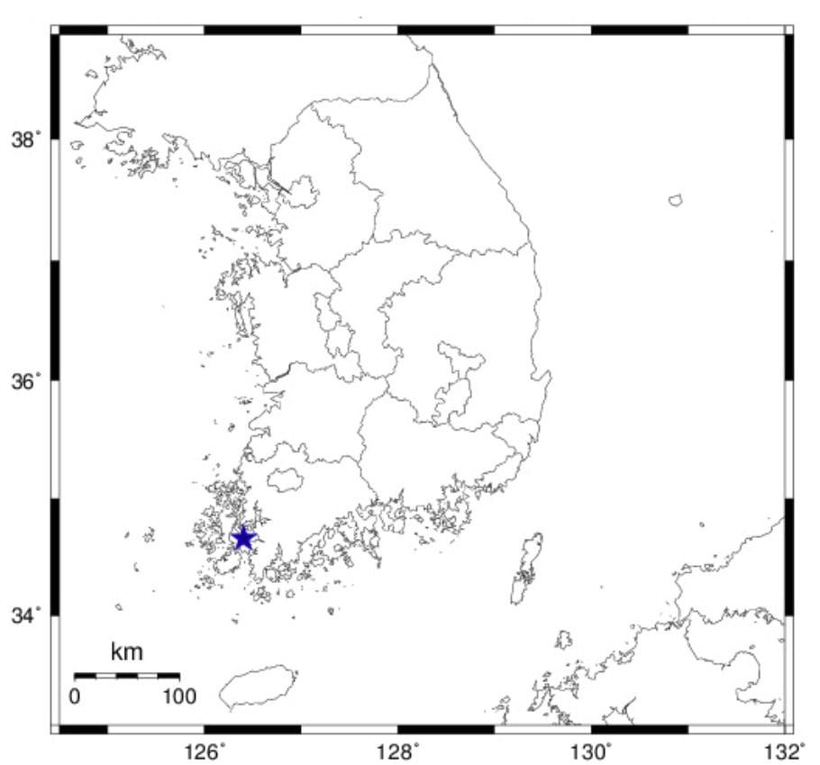 본문 이미지 - 14일 오후 5시 43분 전남광주 해남군 서북서쪽 21㎞ 지역에서 규모 2.1의 지진이 발생했다.(기상청 제공)