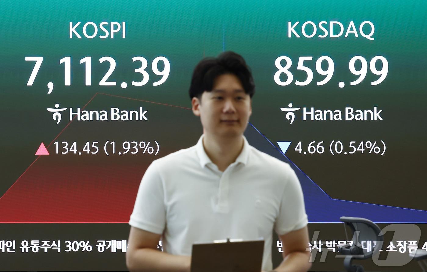 본문 이미지 - 코스피가 7100선을 회복하며 상승 출발한 18일 오전 서울 중구 하나은행 딜링룸 전광판에 코스피 지수가 나오고 있다. 2026.8.18 ⓒ 뉴스1 김민지 기자