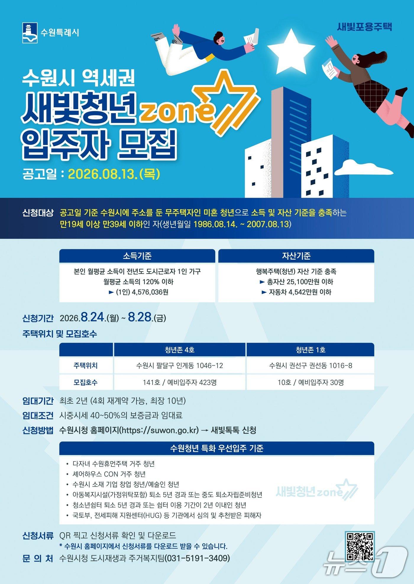 본문 이미지 - 경기 수원특례시 역세권 청년주택 새빛 청년존 입주자 모집 홍보물. (수원특례시 제공. 재판매 및 DB 금지) 2026.8.18/뉴스1 