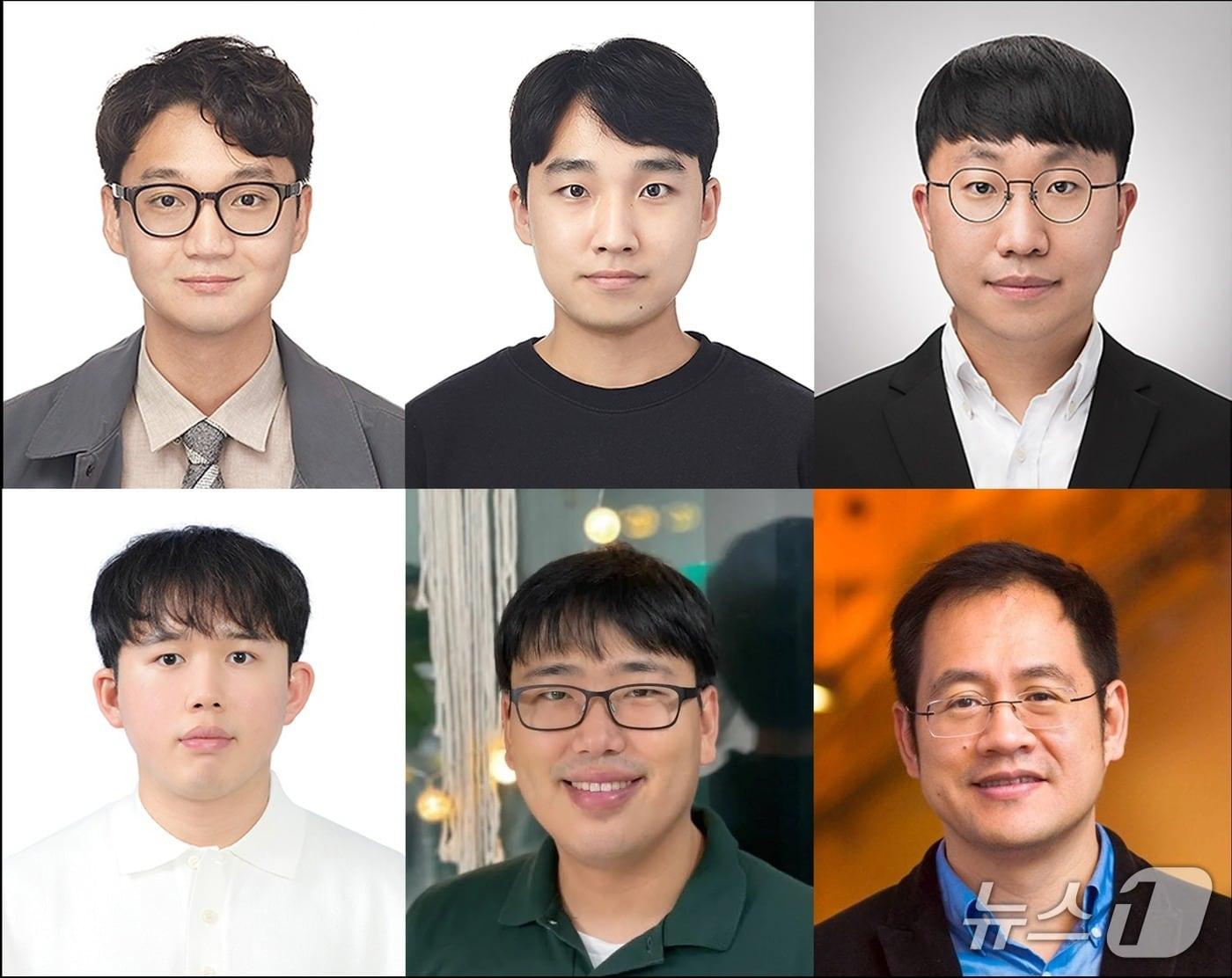 본문 이미지 - (윗줄 왼쪽부터)성균관대 신소재공학부 조성범 교수, 전동원 석박통합과정생, 아주대학교 첨단신소재공학과 박진성 교수, (아랫줄 왼쪽부터)아주대 소프트웨어학과 조현석 교수, 김동휘 석사과정생, MIT 재료과학과 주 리 교수, (성균관대 제공)