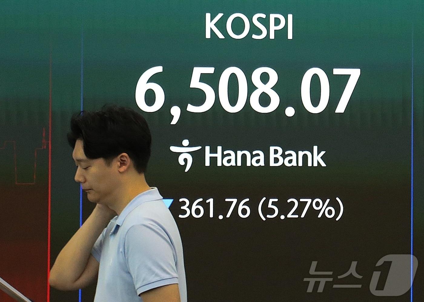 본문 이미지 - 19일 오전 서울 중구 하나은행 본점 딜링룸 현황판에 코스피가 전장대비 361.76 포인트 (5.27%) 하락한 6508.07을 나타내고 있다. 2026.8.19 ⓒ 뉴스1 김우진 수습기자