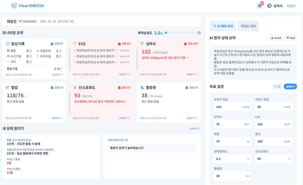 본문 이미지 - 분당서울대병원과 이지케어텍이 공동 개발한 심장질환 AI 예후관리 서비스 '하트미디어'(HeartMEDIA)가 KHF 2026에서 공개·시연된다. (이지케어텍 제공)