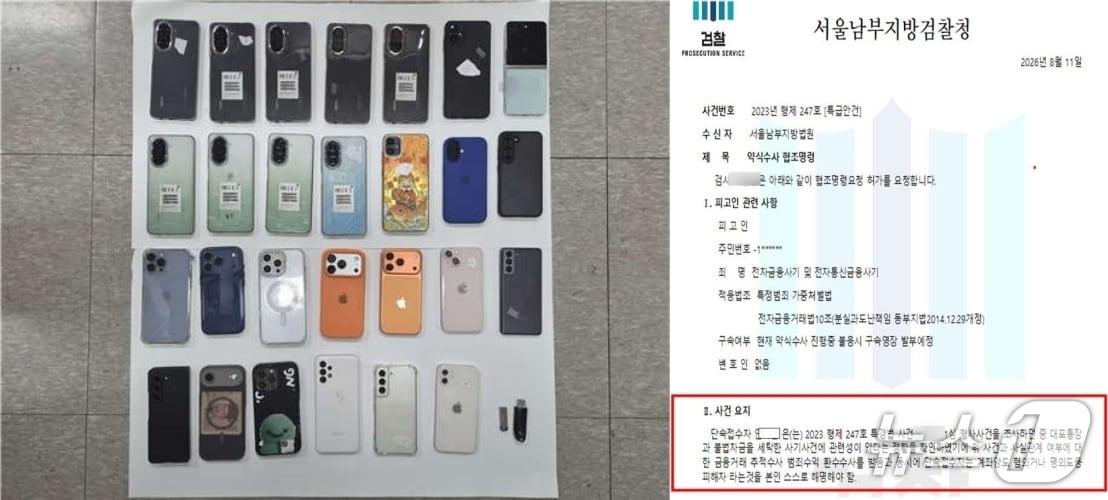본문 이미지 - 보이스피싱 범행에 사용된 위조 공문과 휴대 전화 등 현장 압수 물품. (부산경찰청 제공. 재판매 및 DB금지)
