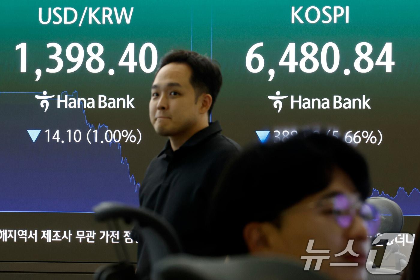 본문 이미지 - 19일 오후 서울 중구 하나은행 본점 딜링룸 전광판에 달러·원 환율이 1400 원 아래로 떨어져 1398 원대를 보이고 있다. 2026.8.19 ⓒ 뉴스1 박정호 기자