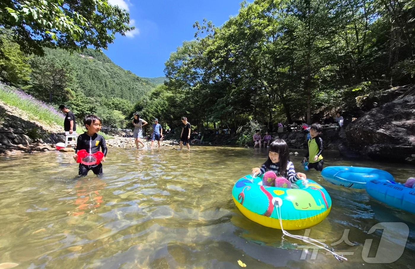 본문 이미지 - 연일 폭염이 이어지고 있는 2일 전북 완주군 고산자연휴양림을 찾은 피서객들이 물놀이를 하며 더위를 식히고 있다. 2026.8.2 ⓒ 뉴스1 유경석 기자