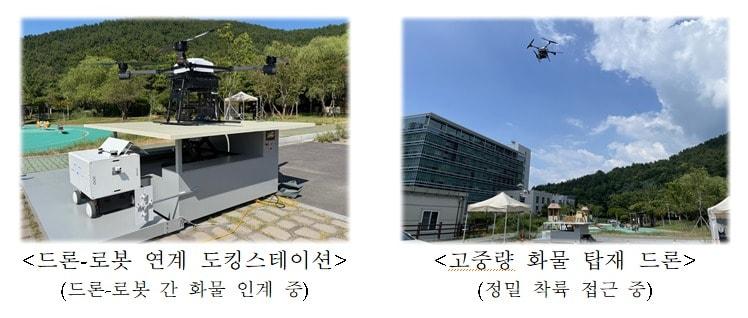 본문 이미지 - 드론과 로봇이 연계된 고중량 화물 배송 기술 실증 모습. 왼쪽은 도킹스테이션에서 드론과 로봇이 화물을 인계하는 장면, 오른쪽은 최대 40㎏ 화물을 탑재할 수 있는 드론이 정밀 착륙을 위해 접근하는 모습이다. (우주항공청제공. 재판매 및 DB금지)
