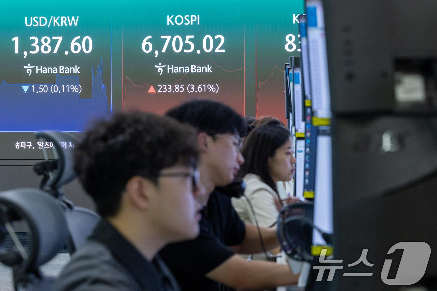 본문 이미지 - 20일 오전 서울 중구 하나은행 딜링룸 전광판에 코스피, 코스닥 지수, 달러·원 환율 개장 후 시황이 나오고 있다. 2026.8.20 ⓒ 뉴스1 안은나 기자
