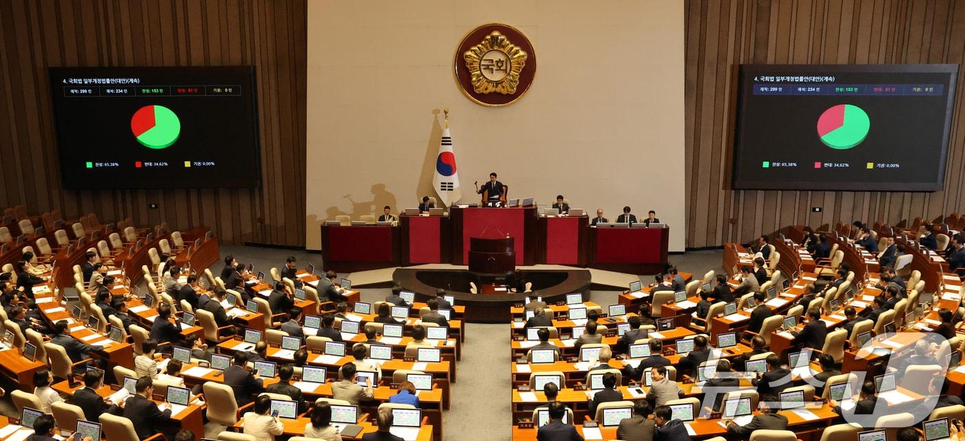 본문 이미지 - 20일 오후 서울 여의도 국회에서 열린 제438회 국회(임시회) 제1차 본회의에서 국회법 일부개정법률안(대안)이 가결되고 있다. 2026.8.20 ⓒ 뉴스1 황기선 기자