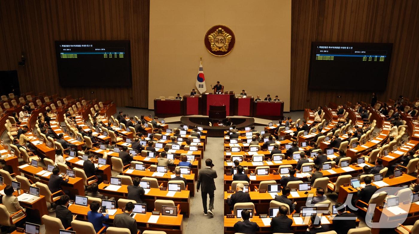 본문 이미지 - 20일 오후 서울 여의도 국회에서 열린 제438회 국회(임시회) 제1차 본회의에서 특별감찰관 후보자(최용훈·최길수·강지식) 추천안이 의결되고 있다. 2026.8.20 ⓒ 뉴스1 황기선 기자