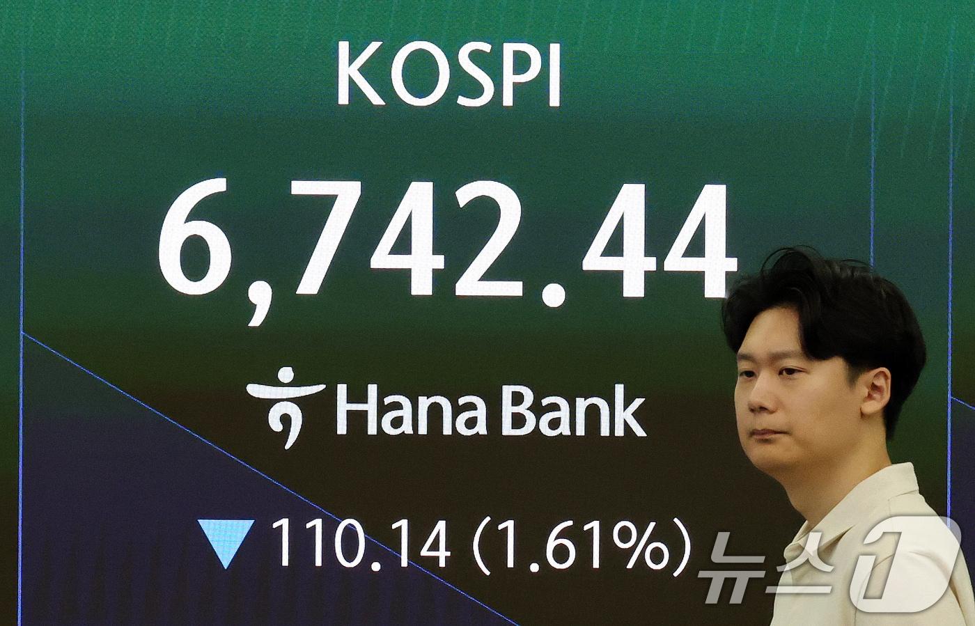 본문 이미지 - 21일 오전 서울 중구 하나은행 본점 딜링룸 전광판에 코스피 시세가 표시되고 있다. 이날 코스피는 전일대비 1.35%내린 6759.95에 거래를 시작했다. 2026.8.21 ⓒ 뉴스1 박세연 기자