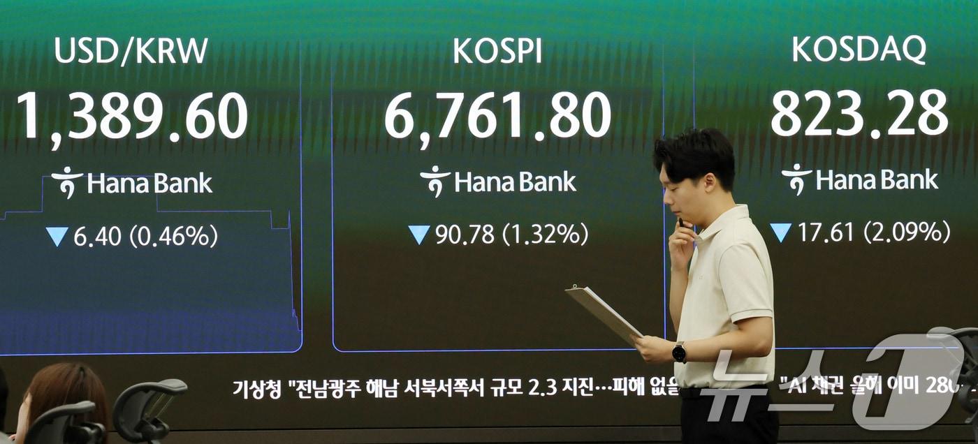 본문 이미지 - 21일 오전 서울 중구 하나은행 본점 딜링룸 전광판에 코스피와 원달러 환율 시세가 표시되고 있다.2026.8.21 ⓒ 뉴스1 박세연 기자