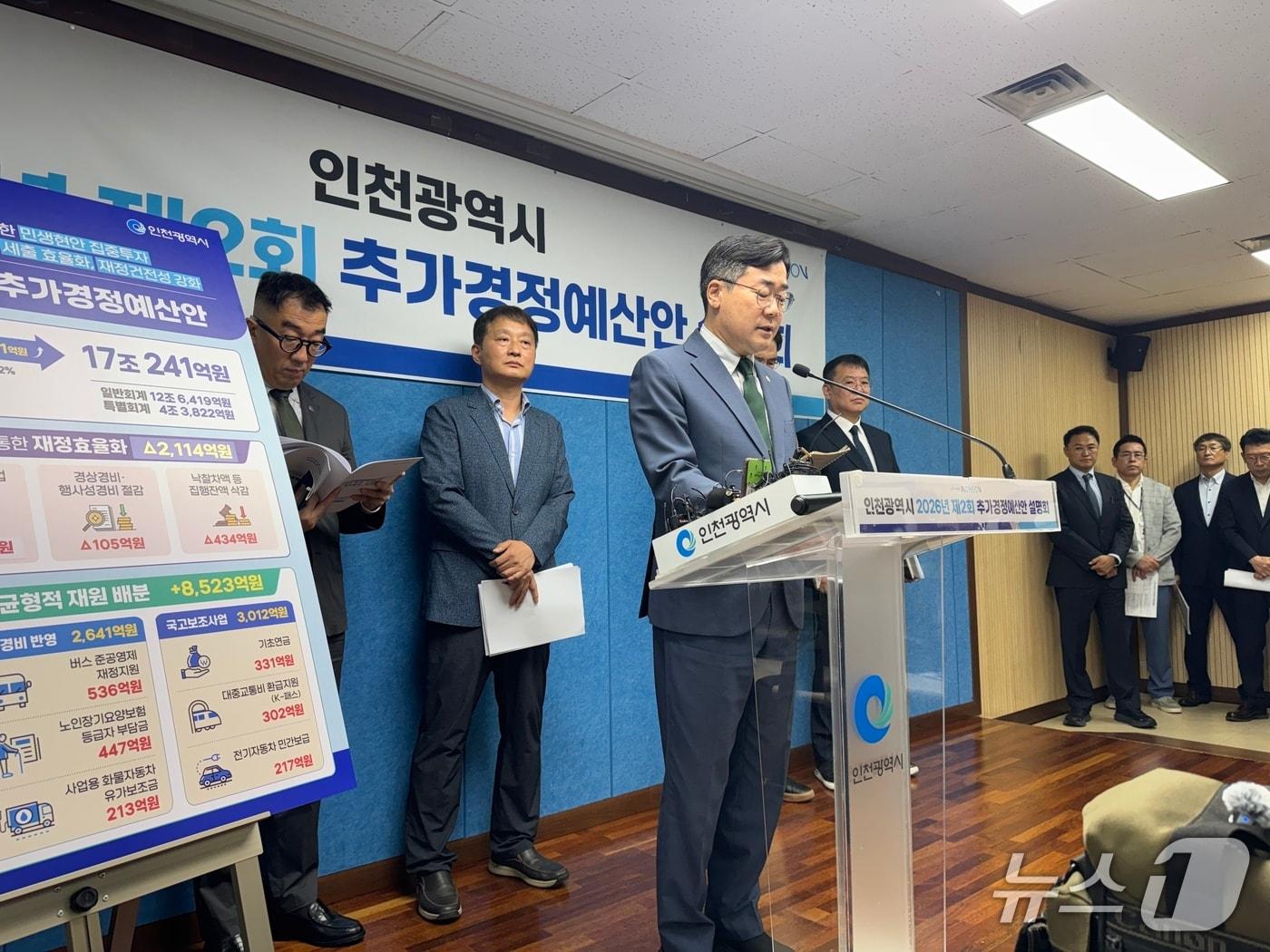 본문 이미지 - 박찬대 인천시장이 24일 오전 인천시 브리핑룸에서 제2회추가경정예산안에 대해 설명하고 있다.2026.8.24/뉴스1