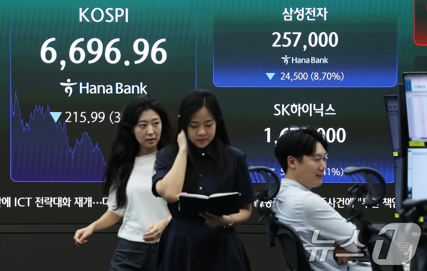 본문 이미지 - 24일 오후 서울 중구 하나은행 본점 딜링룸 전광판에 코스피 등 종가가 표시되고 있다. 2026.8.24 ⓒ 뉴스1 오대일 기자