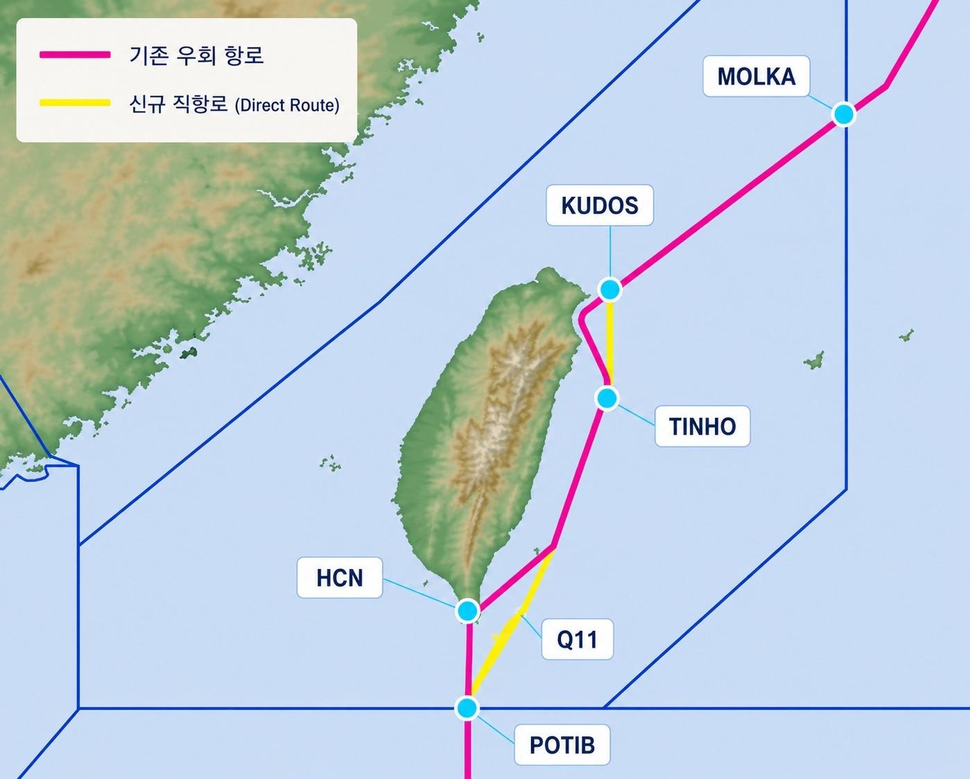 본문 이미지 - 기존 대만 공역 내 항로(분홍색)와 한국조종사협회(ALPA-K)가 제안한 신규 단축 항로(노란색)의 모습(자료사진. 협회 제공). 2026.8.25.