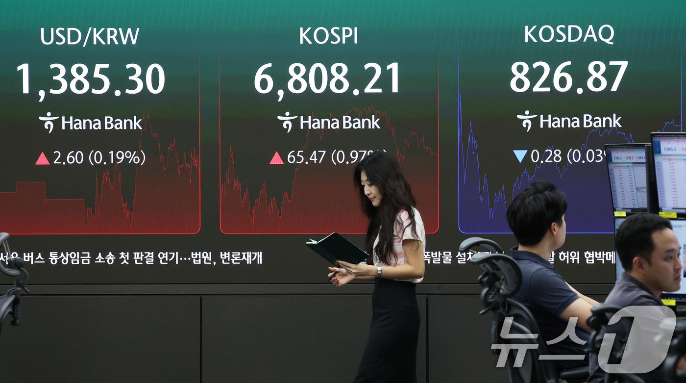 본문 이미지 - 서울 중구 하나은행 본점 딜링룸 전광판에 코스피 등 종가가 표시되고 있다. 2026.8.26 ⓒ 뉴스1 오대일 기자