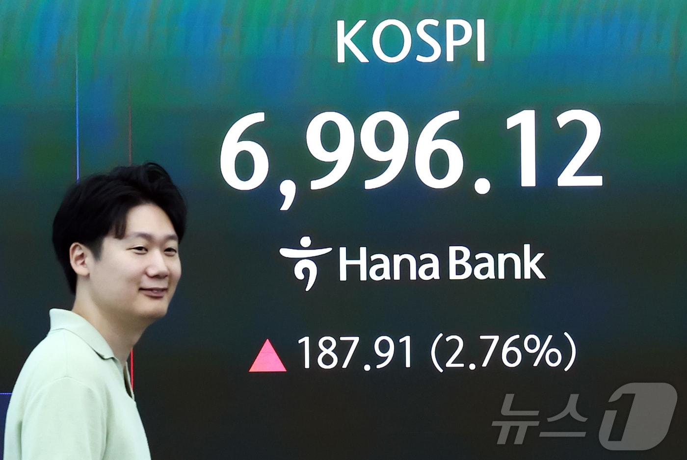 본문 이미지 - 27일 오전 서울 중구 하나은행 딜링룸 전광판에 코스피 등 개장 시황이 나오고 있다. 2026.8.27 ⓒ 뉴스1 김민지 기자