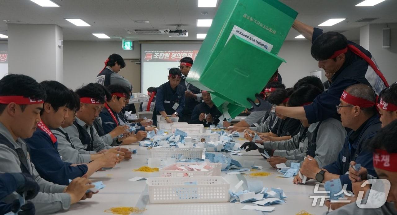 본문 이미지 - HD현대중공업 노조가 27일 울산사업장 안에서 올해 임단협 난항에 따른 전체 조합원 파업 찬반투표를 개표하고 있다.(HD현대중공업 노조 제공. 재판매 및 DB금지)/뉴스1