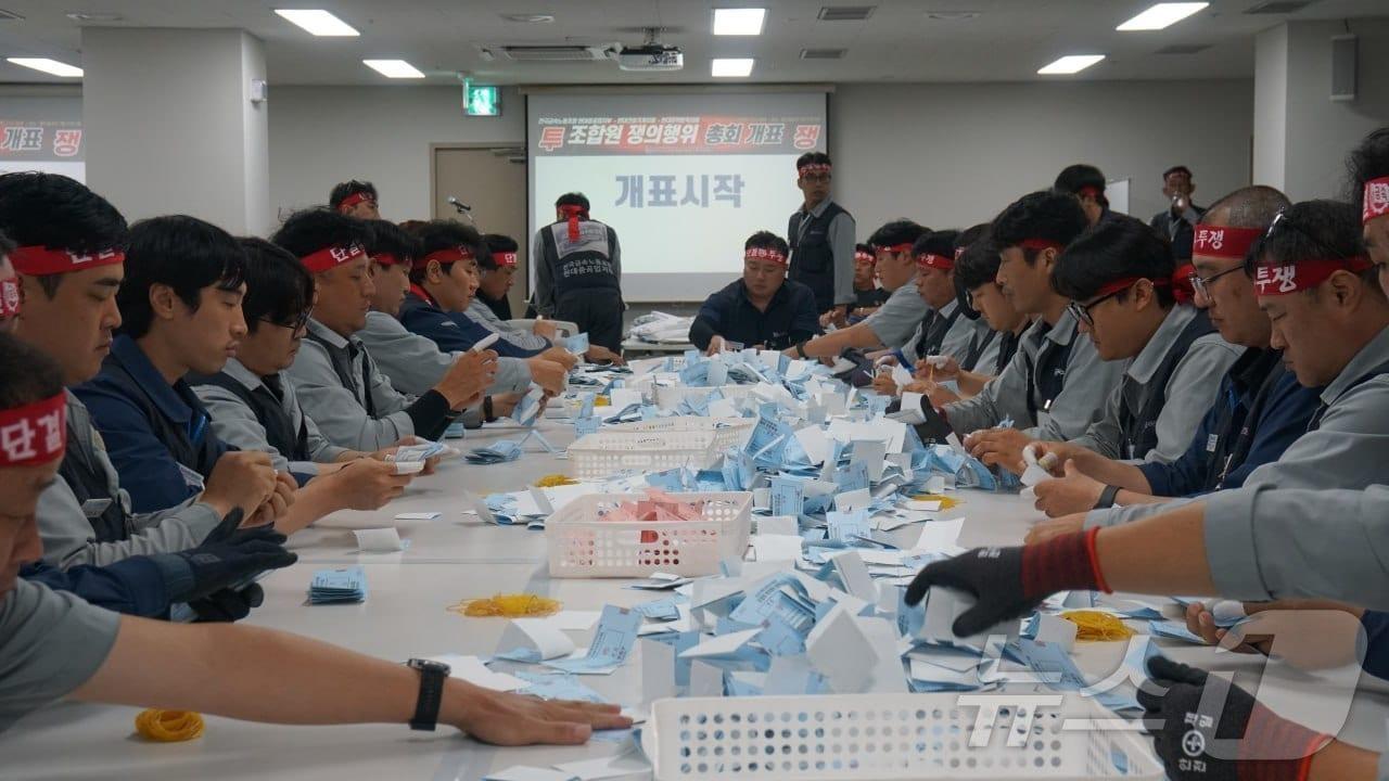 본문 이미지 - HD현대중공업 노조가 27일 울산 사업장 안에서 올해 임단협 난항에 따른 전체 조합원 파업 찬반투표를 개표하고 있다. 노조는 전체 조합원(8127명) 중 5607명(68.99%)이 참여하고, 5379명(재적 대비 66.19%, 투표자 대비 95.93%)이 찬성했다고 밝혔다. (HD현대중공업 노조 제공. 재판매 및 DB금지) 2026.8.27 ⓒ 뉴스1 박정현 기자