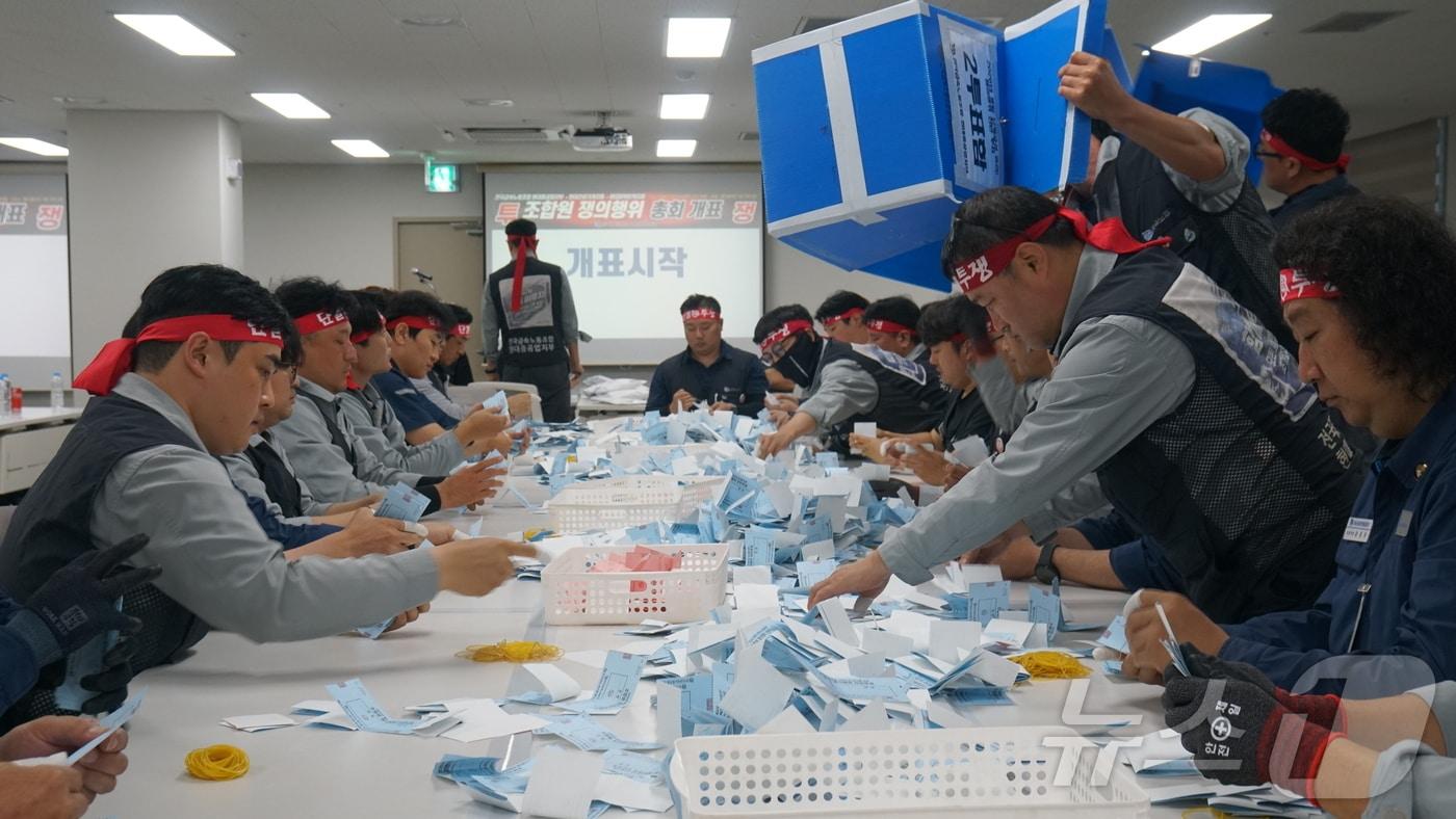 본문 이미지 - HD현대중공업 노조 관계자들이 27일 울산 사업장 안에서 올해 임단협 난항에 따른 조합원 파업 찬반투표 개표를 하고 있다. (HD현대중공업 노조 제공. 재판매 및 DB금지) 2026.8.27 ⓒ 뉴스1