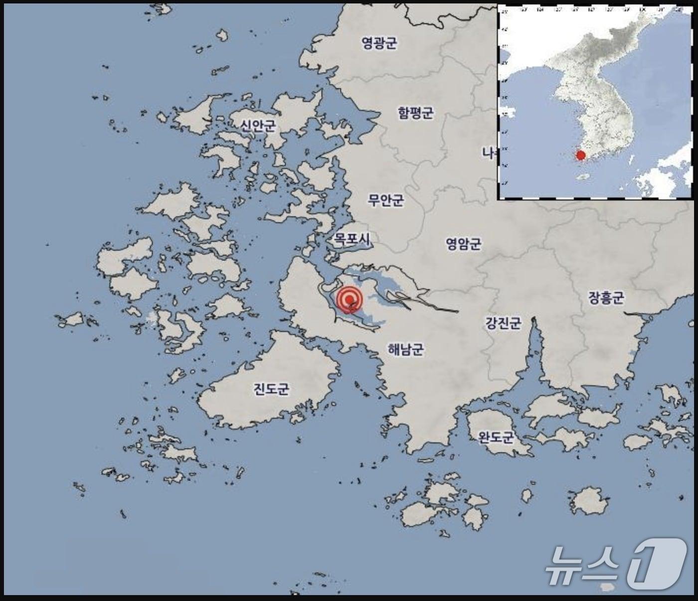 본문 이미지 - 28일 오전 7시44분쯤 전남광주 해남군 서북서쪽 21㎞ 지점에서 규모 2.2의 지진이 발생했다. (기상청 날씨누리 제공. 재판매 및 DB금지)